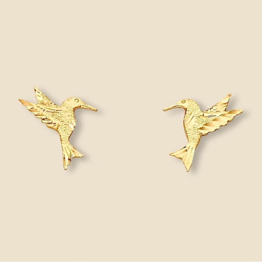 14k Yellow solid Gold Hummingbird Stud Earrings (11 X 12mm) | Gift | Real Gold |